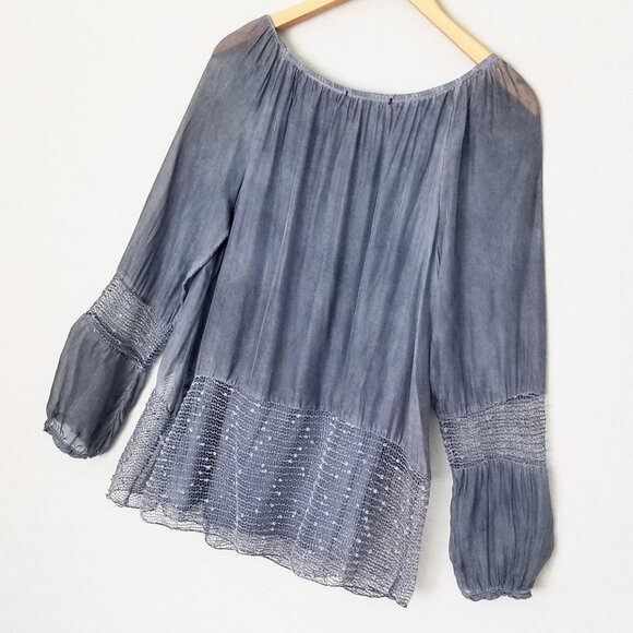 Saks Fifth Avenue Silk Blend Blouse S Blue Gray Crochet Sequins Italy Lagenlook - Picture 13 of 16